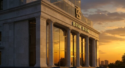 Obraz premium Majestic bank building facade reflecting sunset colors in its glass windows