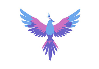 Stylized bird icon with blue pink and purple feathers and a small tuft on its head spreading its wings