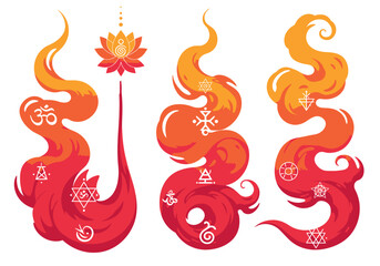 Three stylized orangered flamelike shapes with symbols  a lotus flower element on white