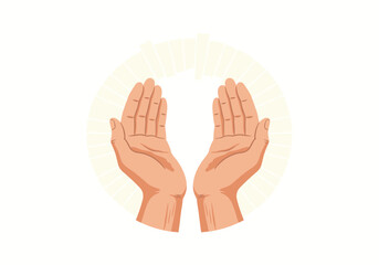 Two open hands with rays of light emanating from behind them positioned centrally