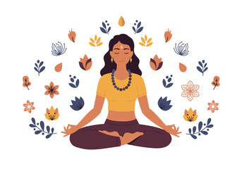 Woman in lotus position surrounded by stylized floral elements