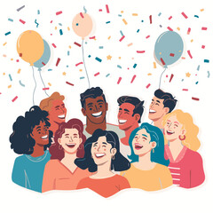 Joyful Group Celebration with Confetti and Balloons