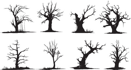Set Trees Black tree silhouettes vector set, evergreen pine, deciduous trees, nature design elements, forest icons,