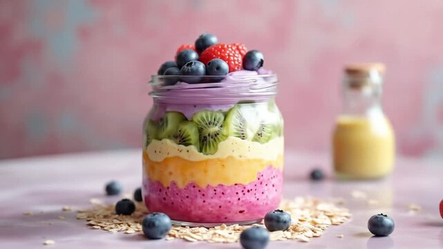 Colorful layered smoothie jar with fruits and oats on pink background  