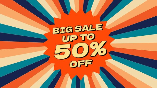 50% Big Sale Discount sunburst text animation. retro sunburst rays for discounts, promotion and offers. 4K animation video