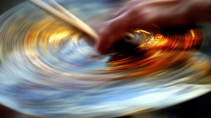 Hand striking a vibrant cymbal