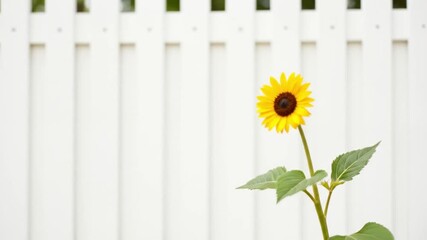 Lonely sunflower swaying in the wind against white fence background - Powered by Adobe