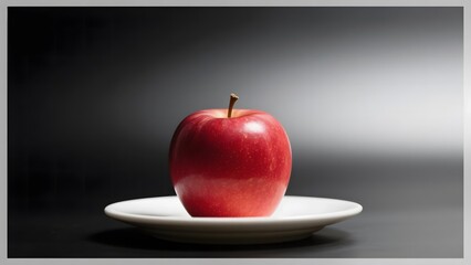 A single red apple placed on a white plate against a gradient background