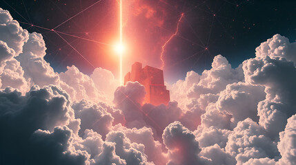 Transcendent Digital Apotheosis Towering Data Clouds in a Luminous Technological Expanse