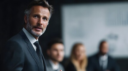 Business executive presenting financial report to board members