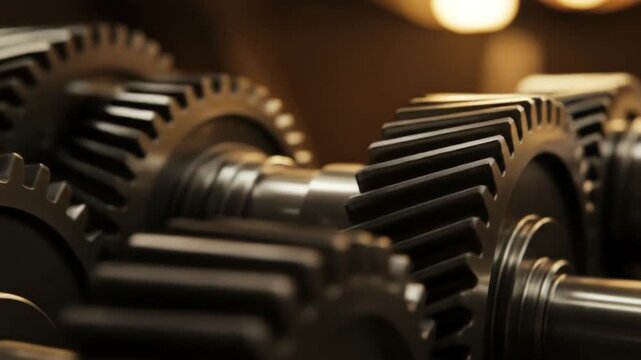 Close-up of black metallic gears turning in mechanical machinery  