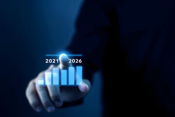 Business growth projection from 2021 to 2026 with hand interaction