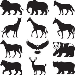 Obraz premium A collection of various wild animal silhouettes including a lion, elephant, giraffe, bear, and eagle. Vector graphic set.