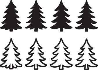 Obraz premium A collection of festive evergreen tree icons for holiday celebration, featuring silhouette and outline styles.