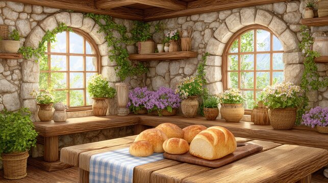 Sunlit Rustic Kitchen with Freshly Baked Bread and Blooming Herbs