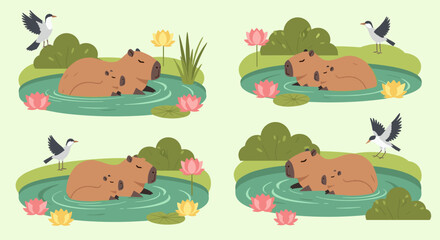 Charming capybaras resting peacefully in a tranquil water lily pond amidst lush greenery with birds nearby