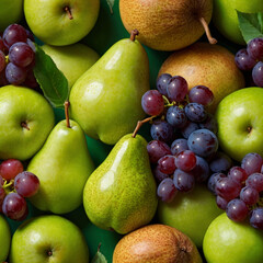 Fresh assorted fruits with green pears and grapes on green background