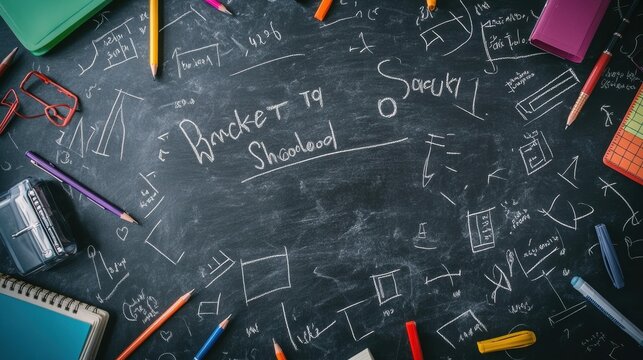Back to School: Chalkboard Filled with Equations, Designs, and School Supplies