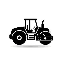 Naklejka premium A simplified black silhouette of a road roller, an essential piece of construction equipment, set against a clean, minimalist white background for versatile use.