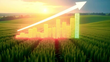 Growth chart rising over lush green fields at sunset, symbolizing agricultural success and prosperity