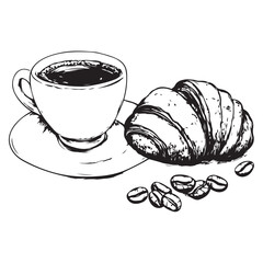 croissant coffee cup hand-drawn drawing crispy engraving retro style