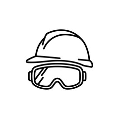 Fototapeta premium A clean and simple line art illustration presents a construction hardhat and safety goggles, symbolizing workplace safety and industrial protection equipment.