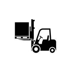 A forklift lifting a box on a pallet, depicted in a simple black and white vector illustration against a clean white background, suitable for various applications.