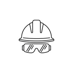 Fototapeta premium A simple black and white line art illustration of a hard hat and safety glasses, symbolizing construction and worker protection.