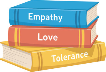 A stack of three colorful hardcover books titled Empathy Love and Tolerance representing core human values.