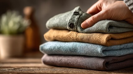 Stacked clothes, various colors, on wooden surface