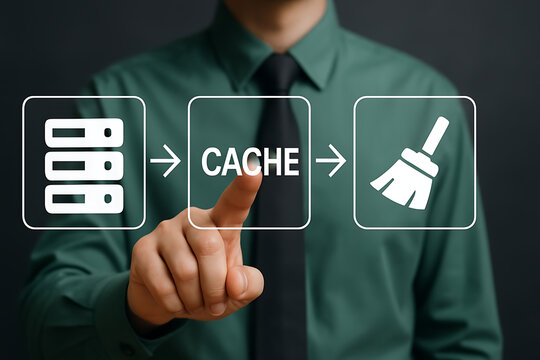 CACHE. Cache and spam concept for website design or landing web page. Web cleaning and deleting trash files.CACHE new concept.