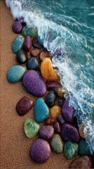 Colorful pebbles on a sandy beach meet a turquoise wave