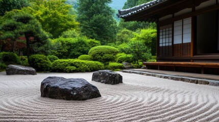 Serene Japanese Garden with Raked Sand and Rocks Surrounded by Lush Greenery