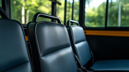 Empty Bus Interior with Modern Seating and Natural Light in Background for Travel Concept