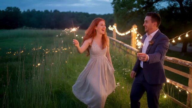 Romantic Couple Celebrating with Sparklers at Dusk