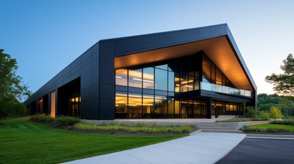 Obraz premium Modern Architectural Design of Black Glass Building at Dusk with Warm Interior Lighting