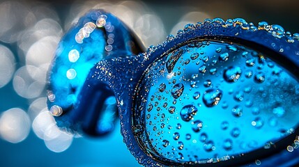 Close up of swim goggles water droplet lens macro lens f4 backlight softbox creating glowing effect droplet focus stacking ensure sharpness throughout perfect high quality stock image soft dramatic