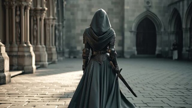 A cloaked figure stands with a sword in an ancient stone courtyard, exuding mystery and strength.