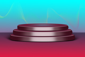 Modern 3-Tier Round Stage Podium with Gradient Background and Abstract Wave Design