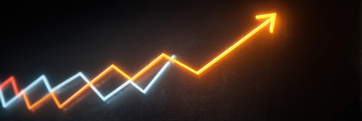 Rising Trend Illustrated by Neon Lines on a Dark Background Showcasing Growth in Data Analysis and Financial Performance Metrics