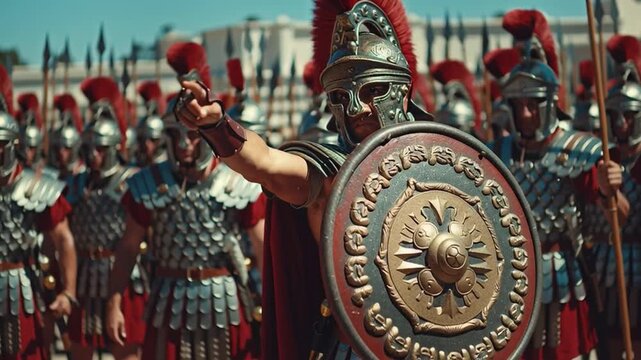 A warrior in detailed armor and helmet, conveying intensity and readiness for battle amidst a blurred crowd of soldiers.