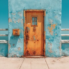 Rusty yellow door on light blue wall