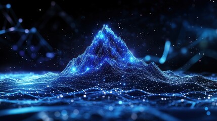 Glowing abstract mountain range in digital night landscape