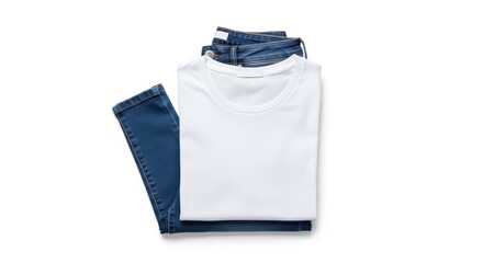 Fototapeta premium Folded white t shirt and blue jeans outfit isolated on white background
