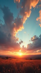 Vibrant sunset over serene hilly landscape in open field