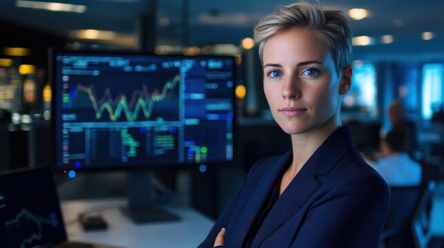 Serious Caucasian woman analyzing data in modern office at night