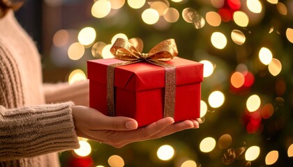 Mock-up gift box with bow in hand