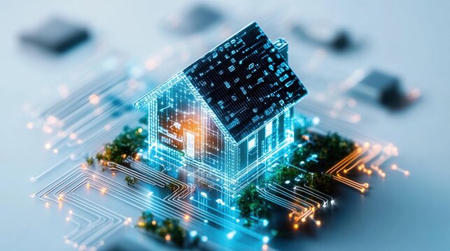 Futuristic digital model of house on circuit board