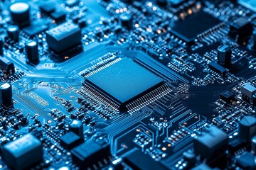 Fototapeta premium Close-up of a circuit board with a central processor chip (1)