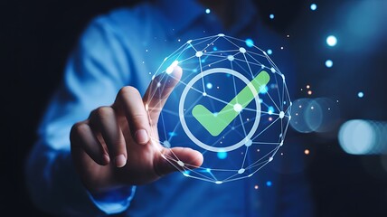 Finger touching digital check mark for online validation and approval concept
